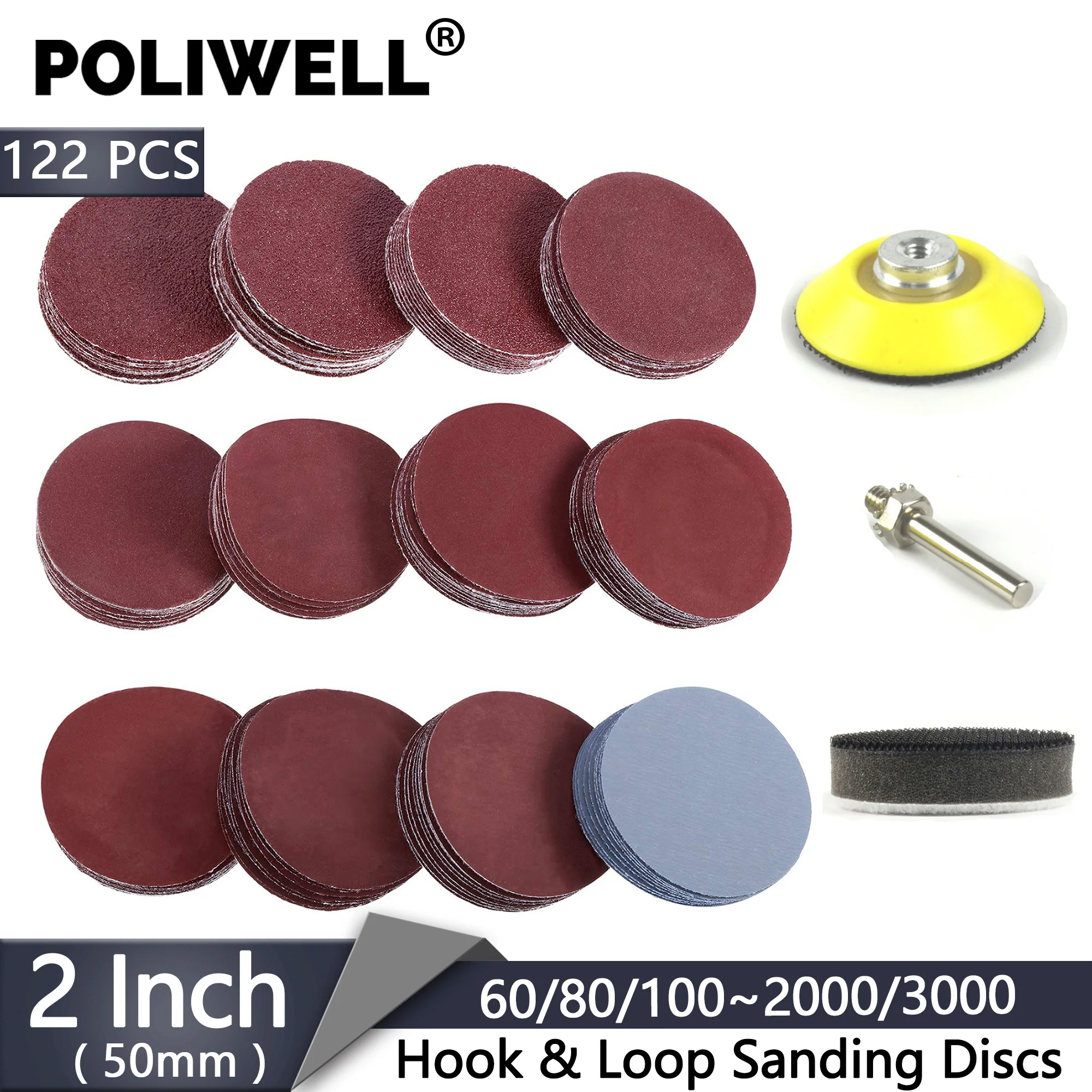 

120PCS 2 Inch Sanding Disc 60-3000 Grit Hook&Loop Sandpaper Kit with 6mm Shank Backup Pad Soft Interface Plate Abrasive Tools