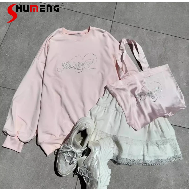 

2024 Autumn New Long-sleeved Hoodies Letter Loose Sweatshirts Jumper Y2k Clothes For Women's Loose Casual Pink Blue Top Sudadera