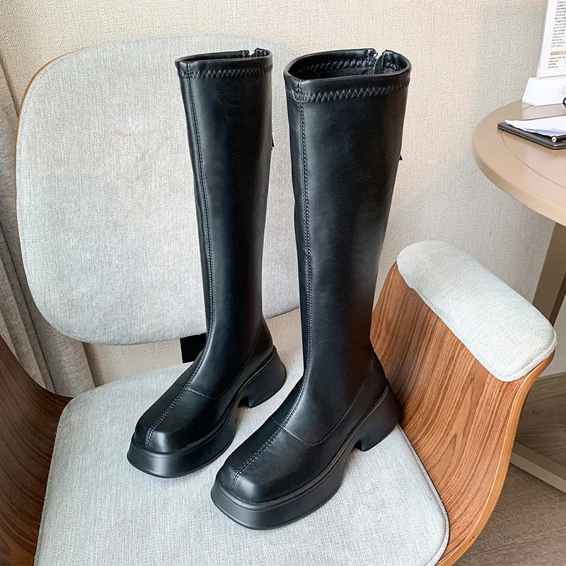 2024 Winter Platform Women Long Boot Back Zipper Ladies Elegant Soft PU Leather Knee-High Boots New Thick Sole Keep Warm Shoes