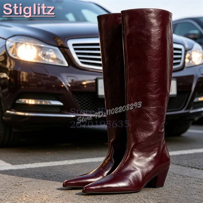 Dark Brown Patent Knee High Boots Retro Pointed Toe Slip on Low Wedge Heel Thigh Boots 2026 Fashion Street Women's Shoes