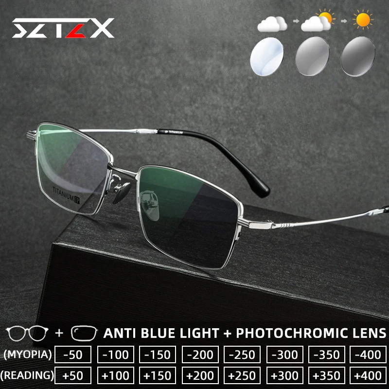 

SZTZX Business Ultralight Titanium Photochromic Reading Glasses Anti Blue Light Myopia Glasses Progressive Prescription Eyewear