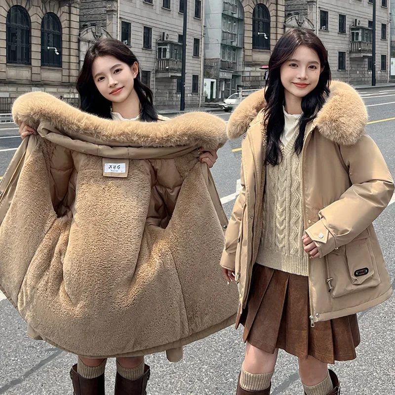 Parkas de lã de manga comprida feminina, jaqueta com capuz com gola de pele, laço, windproof, casacos quentes, blusão, roupa de inverno, novo