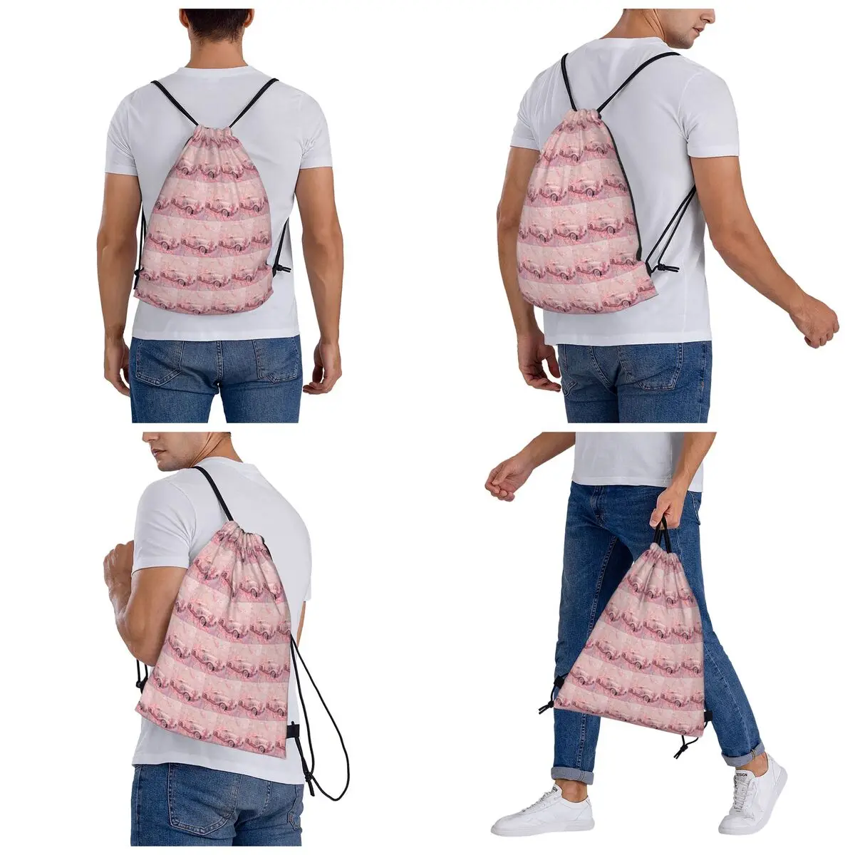 Retro Car Among Flowers Backpacks Fashion Drawstring Bundle Pocket Storage Bag Book Bags for Man Woman Students