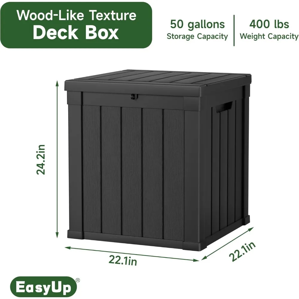 Caixa de deck de resina à prova d'água, resistente a UV, armazenamento externo de 50 galões para pátio, jardim e piscina, estabilidade reforçada