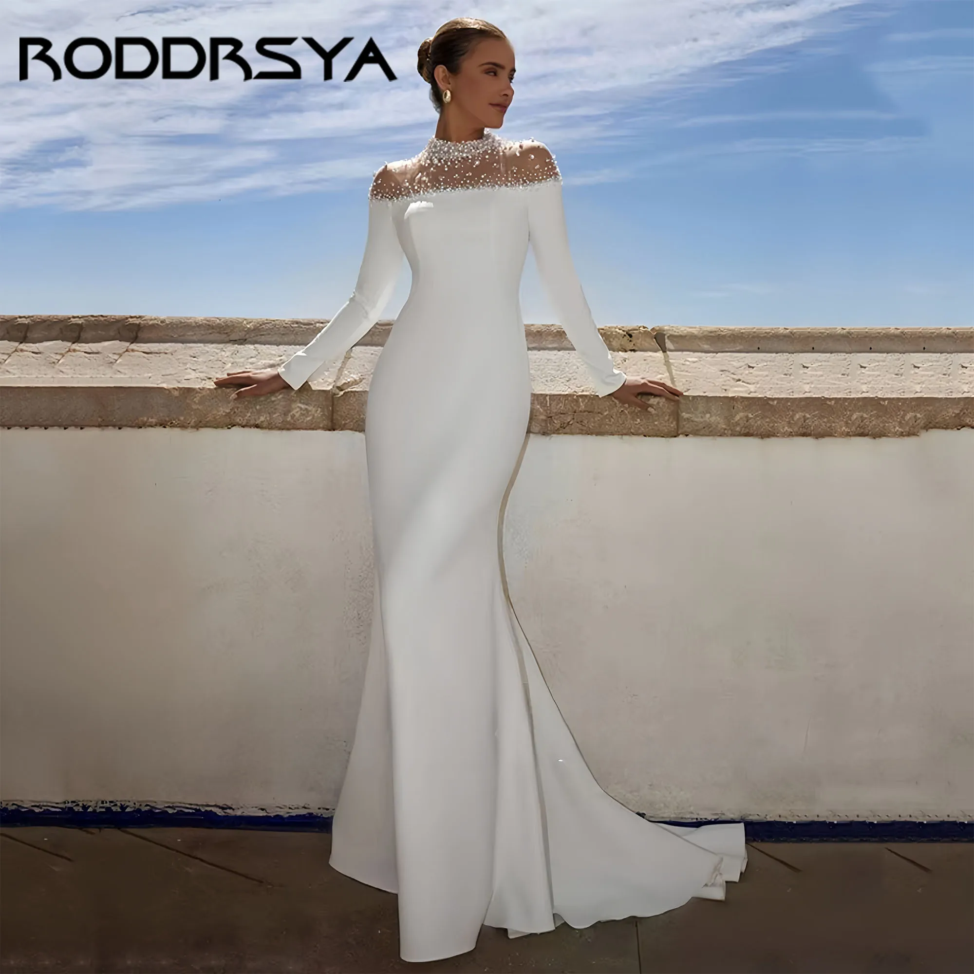 

RODDRSYA Mermaid Wedding Dress Arabian Bridal Gown Long Sleeves High Neck Pearls Sweep Train Saud Arab Bride Dresses Customized
