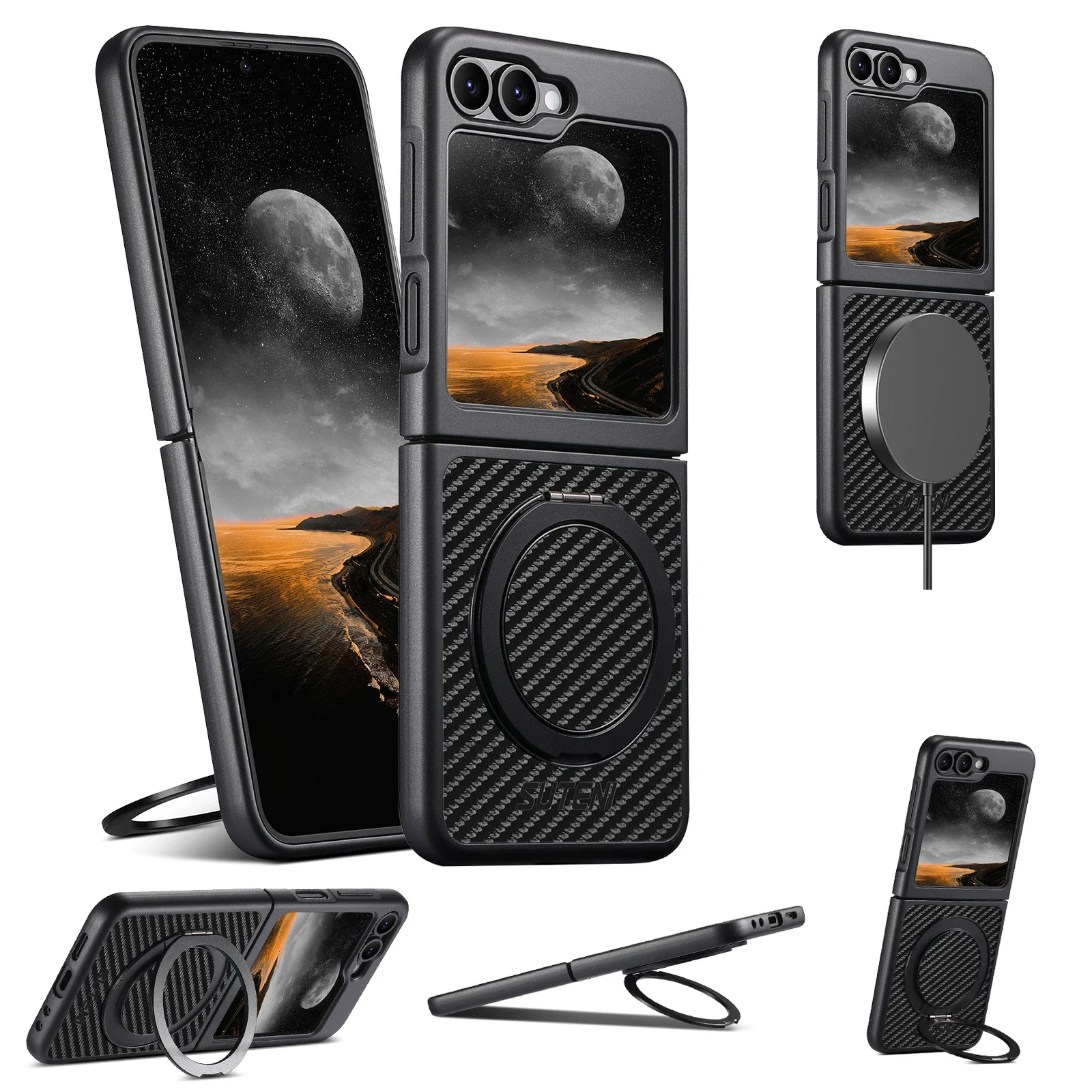 Capa de Telefone Móvel SUTENI com Carregamento Sem Fio Magnético 360 °   Suporte Rotativo de Couro Sintético com Fivela para Samsung Galaxy Z Flip 7 6 5