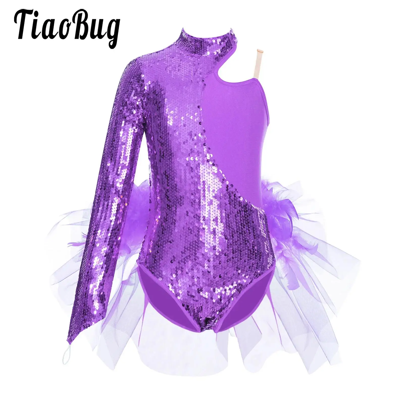 Kids Girls Shiny Sequins Leotard Tutu Bodysuit with Tulle Skirted Ballet Jazz Dance One Shoulder Long Sleeve Performance Costume