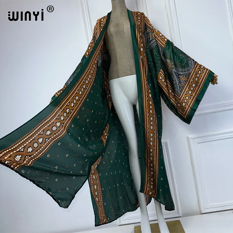 WINYI Kimono Women Summer Bohemia Print Long Sleeve Cardigan Female Blouse abaya Beachwear Cover Up boho maxi dress party kaftan