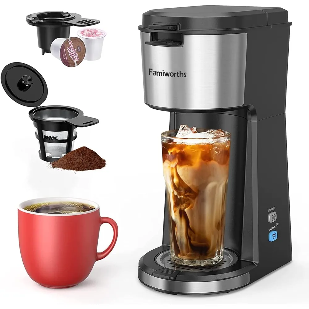 

Coffee Machine, Hot and Iced Coffee Maker Single Serve for K Cup and Ground, with Descaling Reminder and Self Cleaning