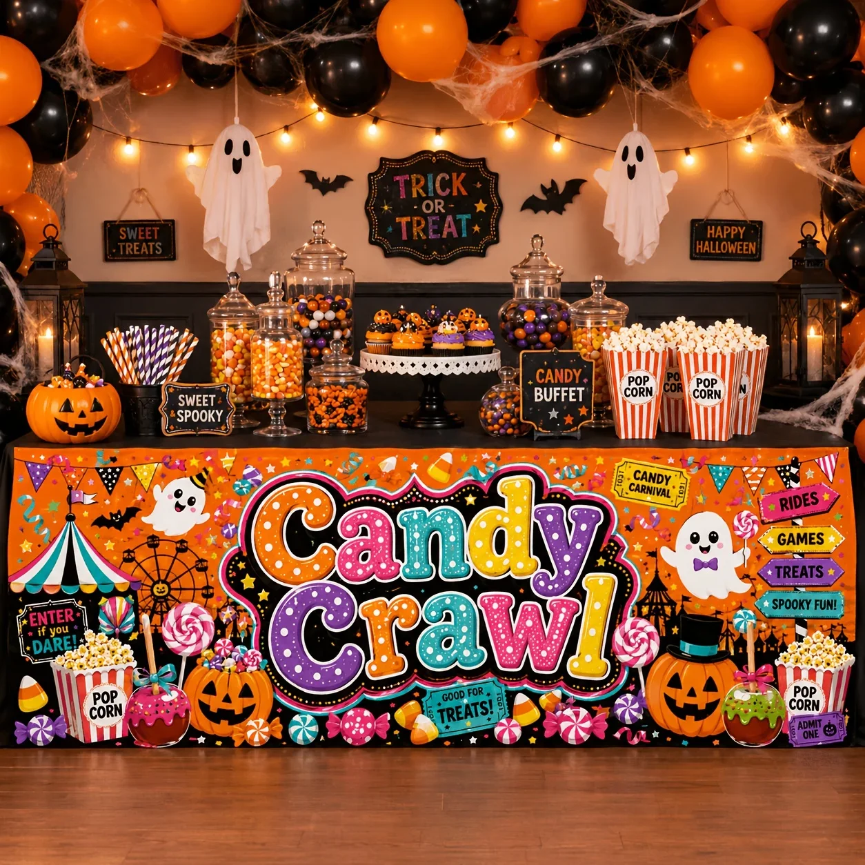 Halloween candy crawl printed polyester tablecloth, suitable for carnival parties, horror gatherings, and home officesxzj