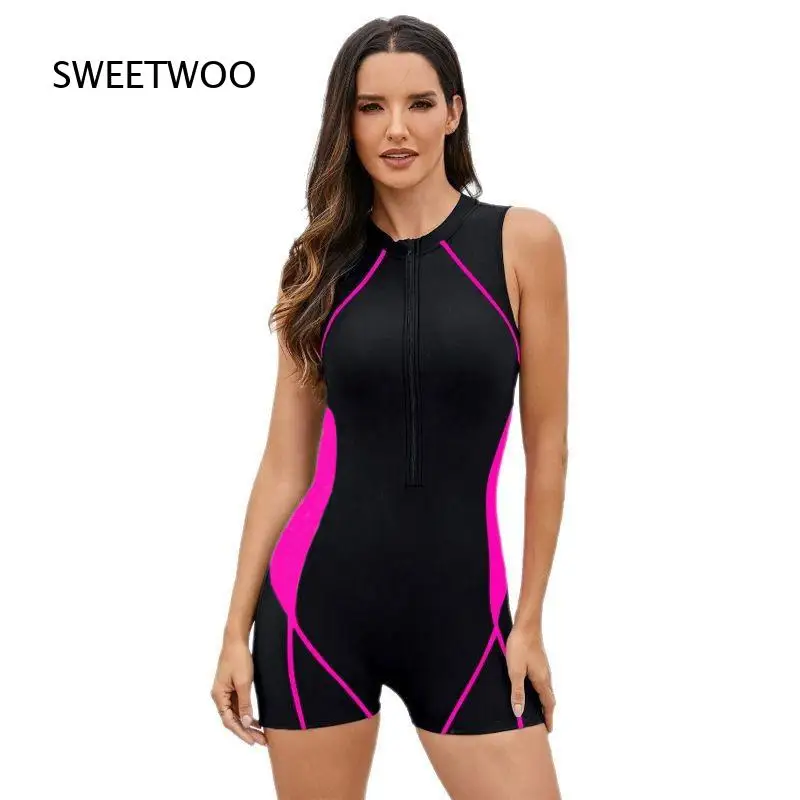 Women Sleeveless Boyleg One Piece Rash Guard Swimsuit Color Block Front Zip Up Surfing Bathing Suit For Snorkeling Diving
