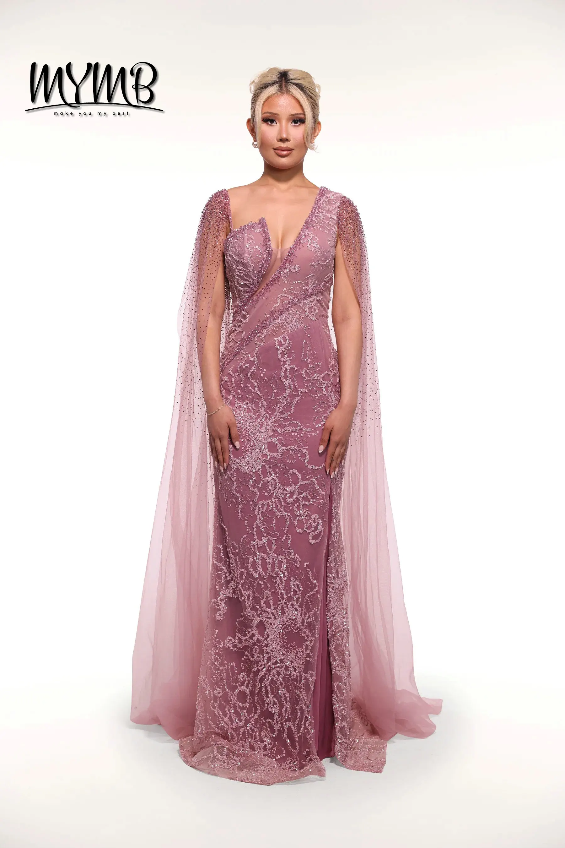 

MYMB Luxury Arabic Mermaid Side Slit Pink Evening Party Dress for Special Events Gorgerous Cape Sleeve Beaded Wedding Guest Gown