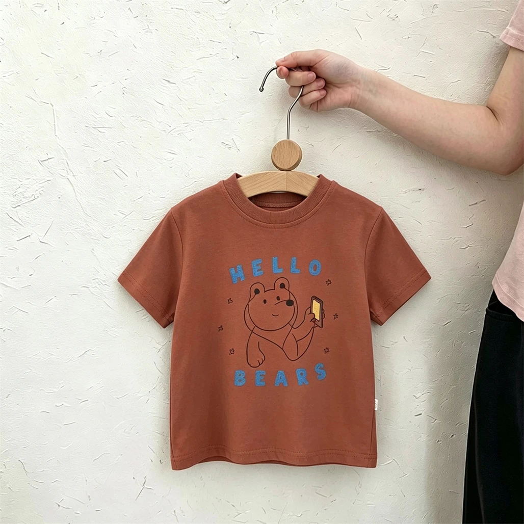Cartoon Tees 1-7Years Old Child Short-sleeved Tops Round Neck Base Shirt Solid Color Versatile Pullovers Girls Printing T-shirt