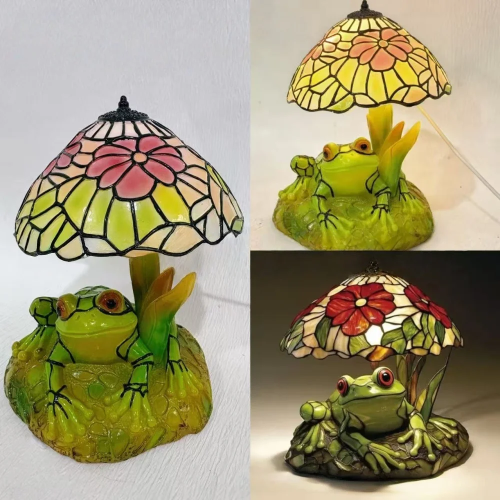 Frog & Flower Stained Lamp, Creative Resin Craftsmanship Frog Flower Shape Desk Lamp, Bedroom Reading Night Light, Home Decor