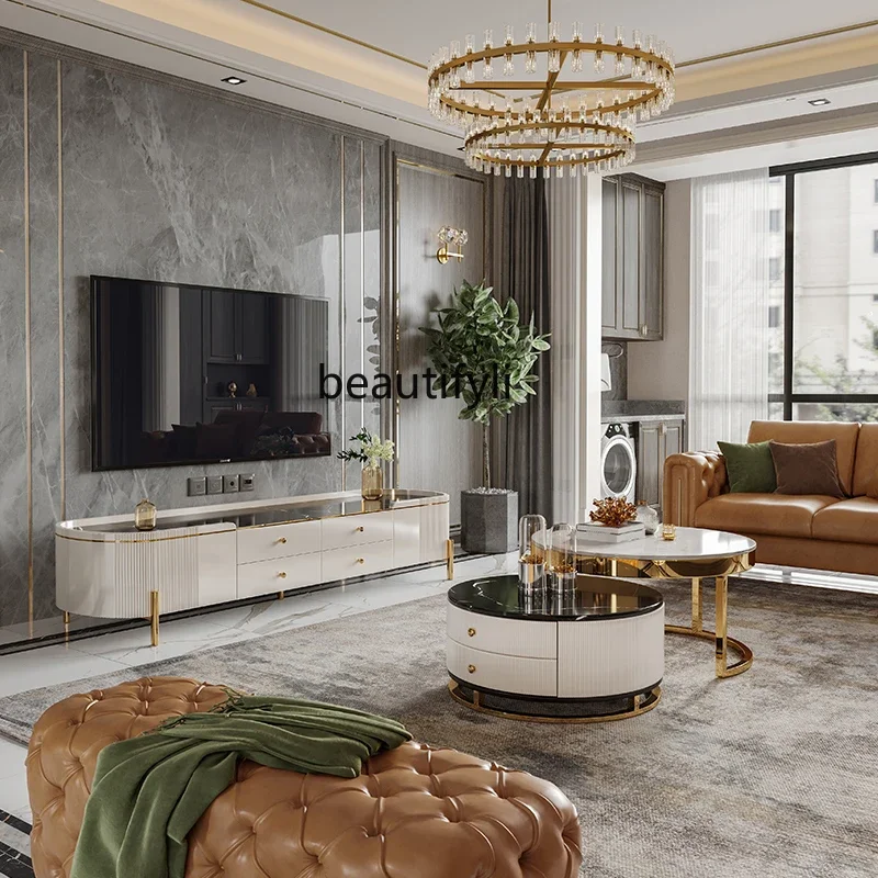 X Mild Luxury Marble TV Cabinet and Tea Table Combination Modern Simple Small Apartment Living Room Deck TV Cabinet