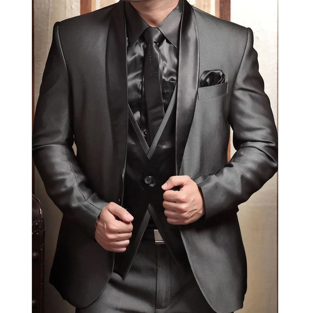 New Dark Grey Satin Shawl Lapel 1 Button Groom Groomsmen Tuxedos Wedding Male Suit Elegant Jackets Luxury Costume Homme Mariage