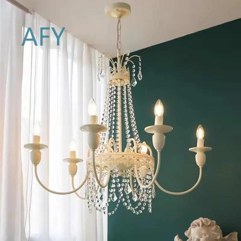 French Cream Wind Crystal Pendant Lamp for E14 Socket American Retro Candle Style Chandelier for Living Room Bedroom Hotel