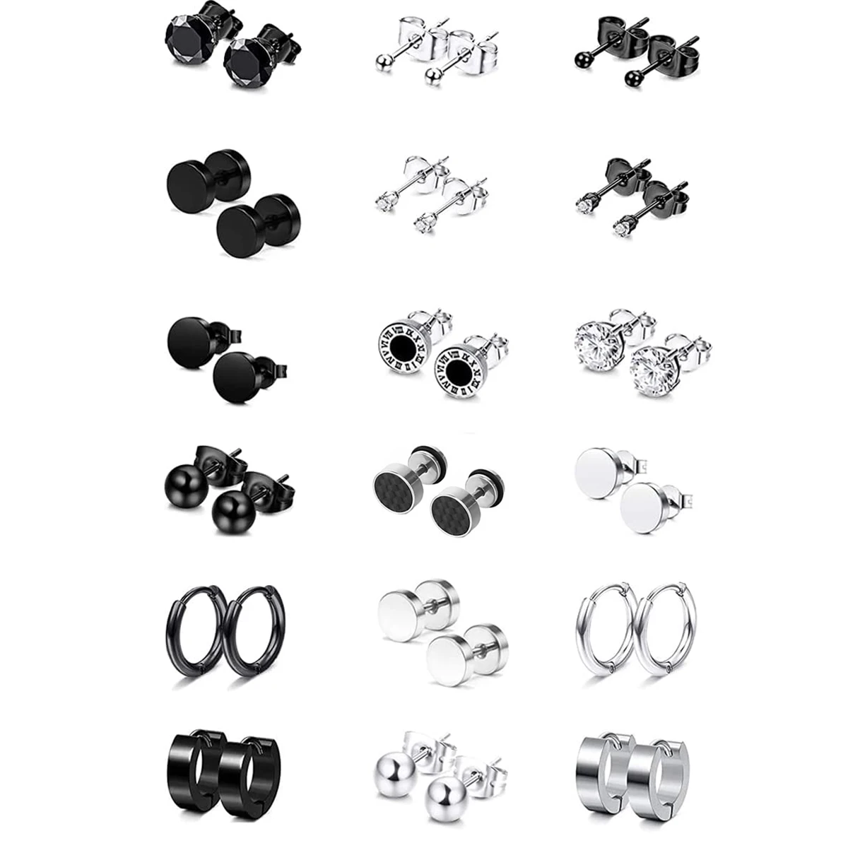 18 Pairs Black Silver Stainless Steel CZ Stud Earrings Hoop Huggie Earrings Set Cool Goth Punk Earrings Piercing Earrings Set