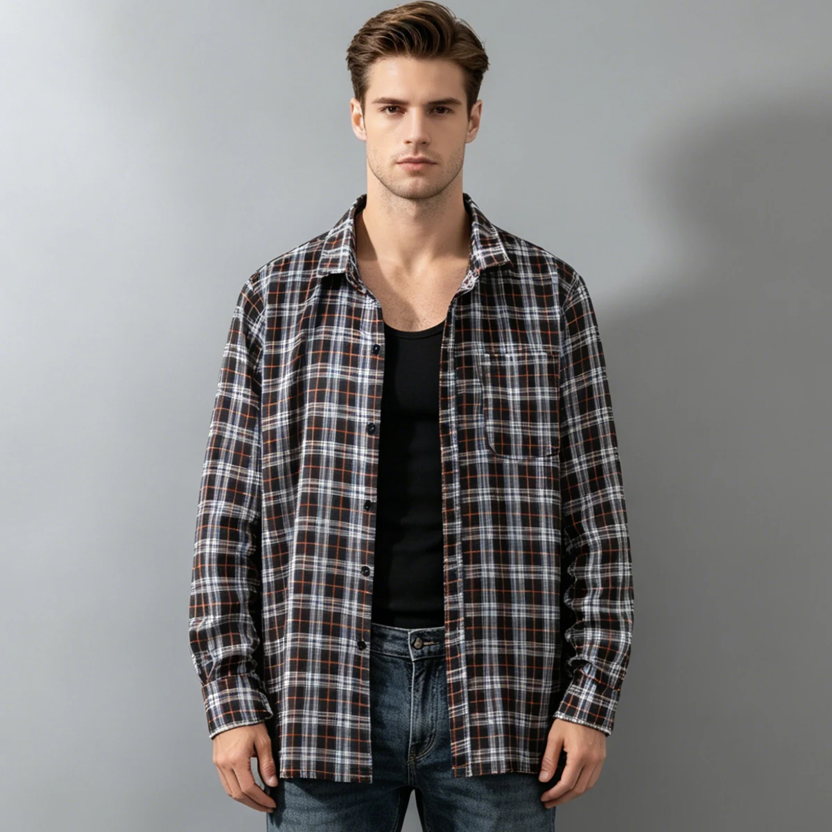 Spring and Autumn Men's Checkered Long Sleeve Top Button T-shirt Shirt Fashion Classic Shirt Youth Casual Comfortable Fashion view 2