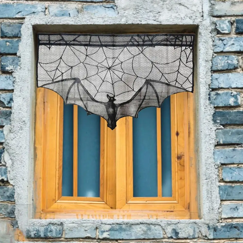 Cortinas de ambiente escalofriante, conjunto de decoración de encaje de Halloween, cenefa de ventana de red de araña de murciélago, manto de Casa Encantada para chimenea