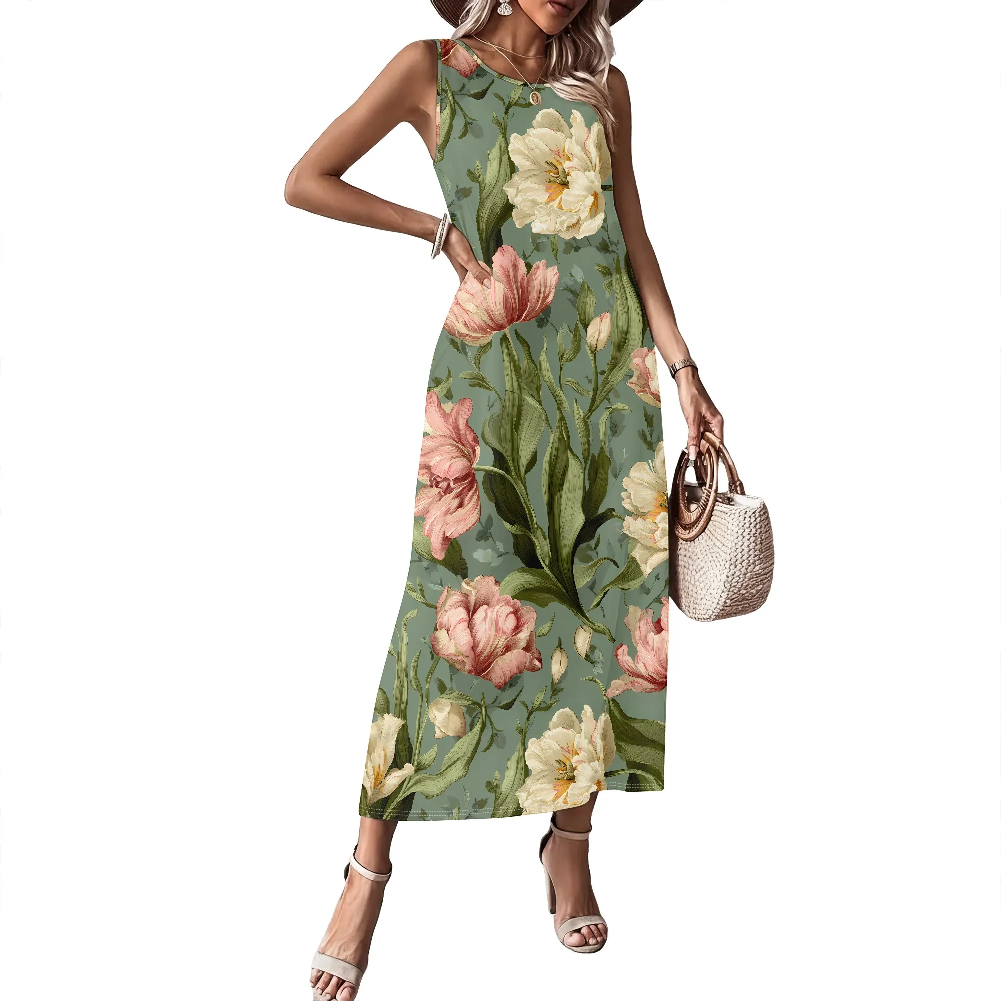 Vintage Floral Print Dress, Sleeveless Summer Maxi, Tulip Pattern Sundress with Pockets, Boho Beach Vacation Wear, S-2XL