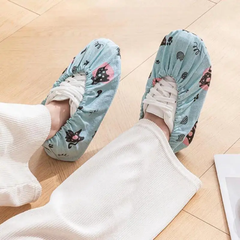 High Stretch Bunched Household Shoe Cover Washable Reusable Canvas Printed Foot Cover Room Non-slip Cartoon Child Shoe Cover