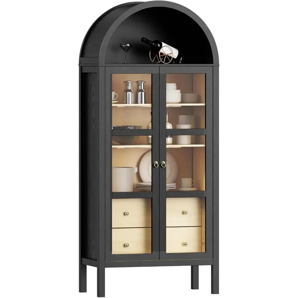 

72" Tall Display Cabinet with Glass Doors, Auto Sensor Light, Adjustable Shelf and 2 Drawers, Modern Arched Display Cabinet