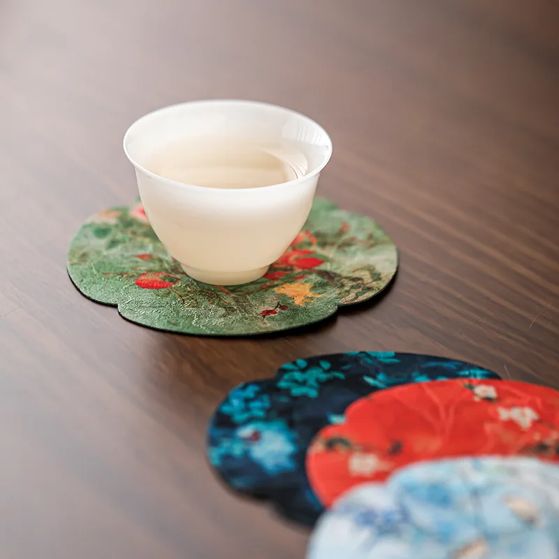 Guofeng Begonia Coaster Double-sided Small Solid Wood Refreshment Plate Mat Tea Mat Cloth Tea Tray Tea Saucer Mat Cover Bowl