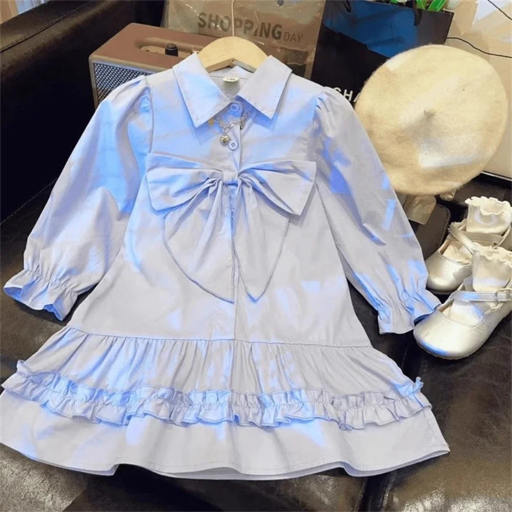 2024 New Korean Girls' Shirt Dress Blue Bow Shirt Collar Long Sleeve Bottom Lace Wrinkle Princess Skirt Autumn Children's Wear