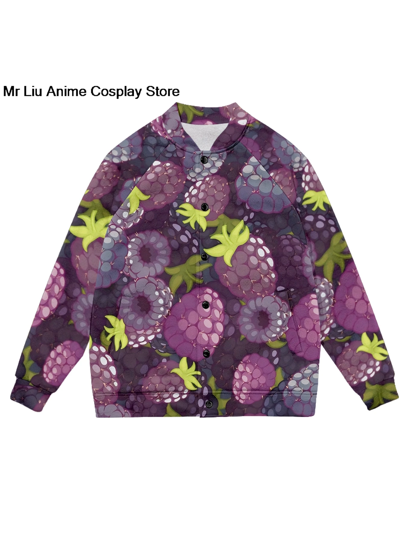 3D Raspberry Print Baseball Jacket High-Neck Snap Buttons Cardigan Trendy Berry All-Over Pattern Korean Street Fashion Outerwear
