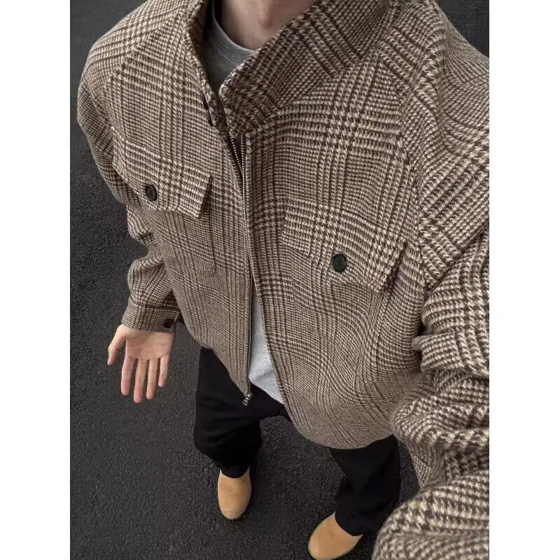 

Autumn Winter Large Size 250 Pou American Plaid Open Cardigan Jaet Men's Casual Vintage Top Warm Long Sve Zipper