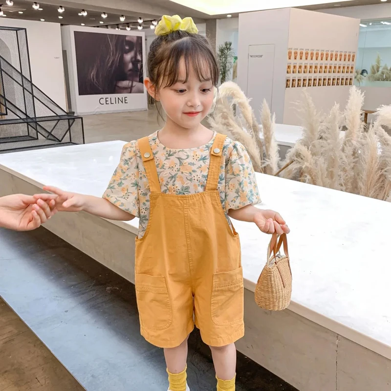 

1 Piece Girls Fashion Pure Color Loose Overalls Children Summer Foreign Flavor Thin Suspender Shorts Baby Girls All Match Shorts