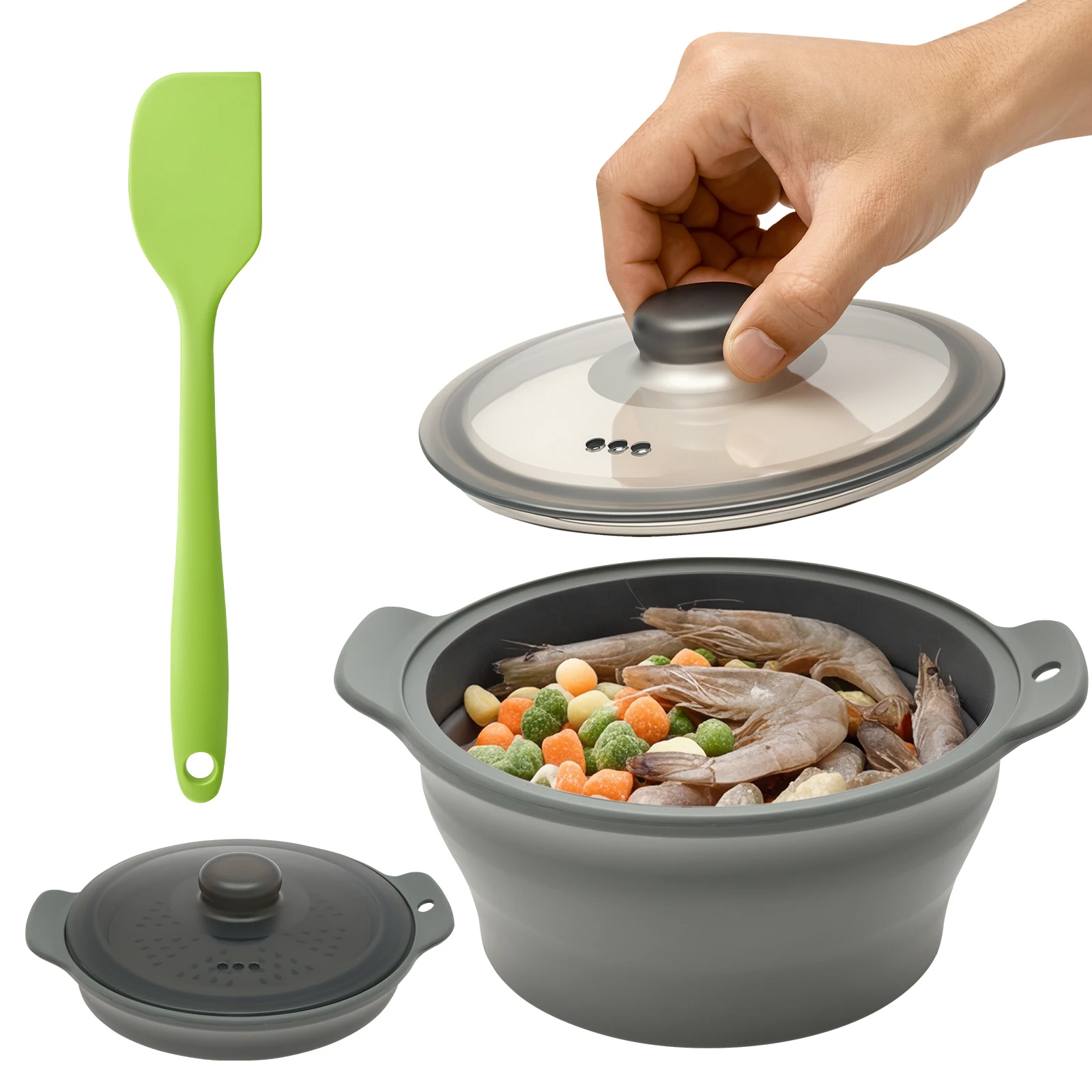 Faltbare Silikon-Dämpfschüssel mit Deckel zum Kochen von Gemüse, Dämpfer für Mikrowellen, inspirierter Kochtopf, spülmaschinenfest