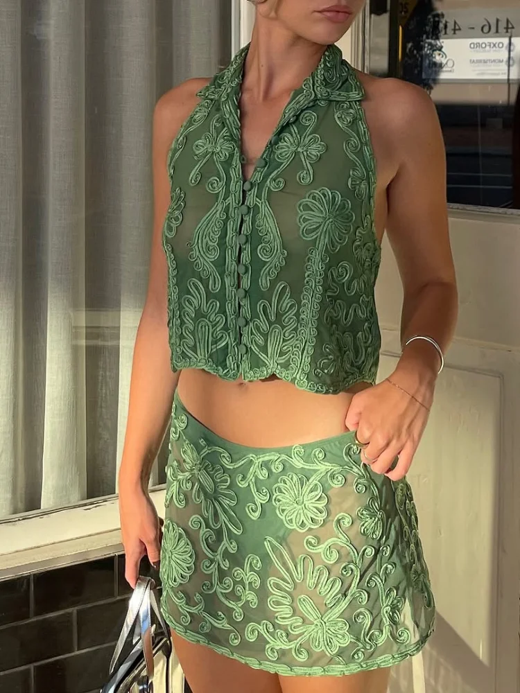 

Sexy Embroidery Halter Vest Skirt Set Women Green O-neck Single Breasted Top Mini High Waist Skirts 2025 Summer Party Lady Suit