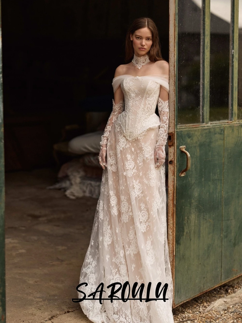 

Romantic Lace Corset Wedding Dress, Classy Off Shoulder A Line Bride Wear, Intricate Champagne Lining Bridal Gown, No Gloves