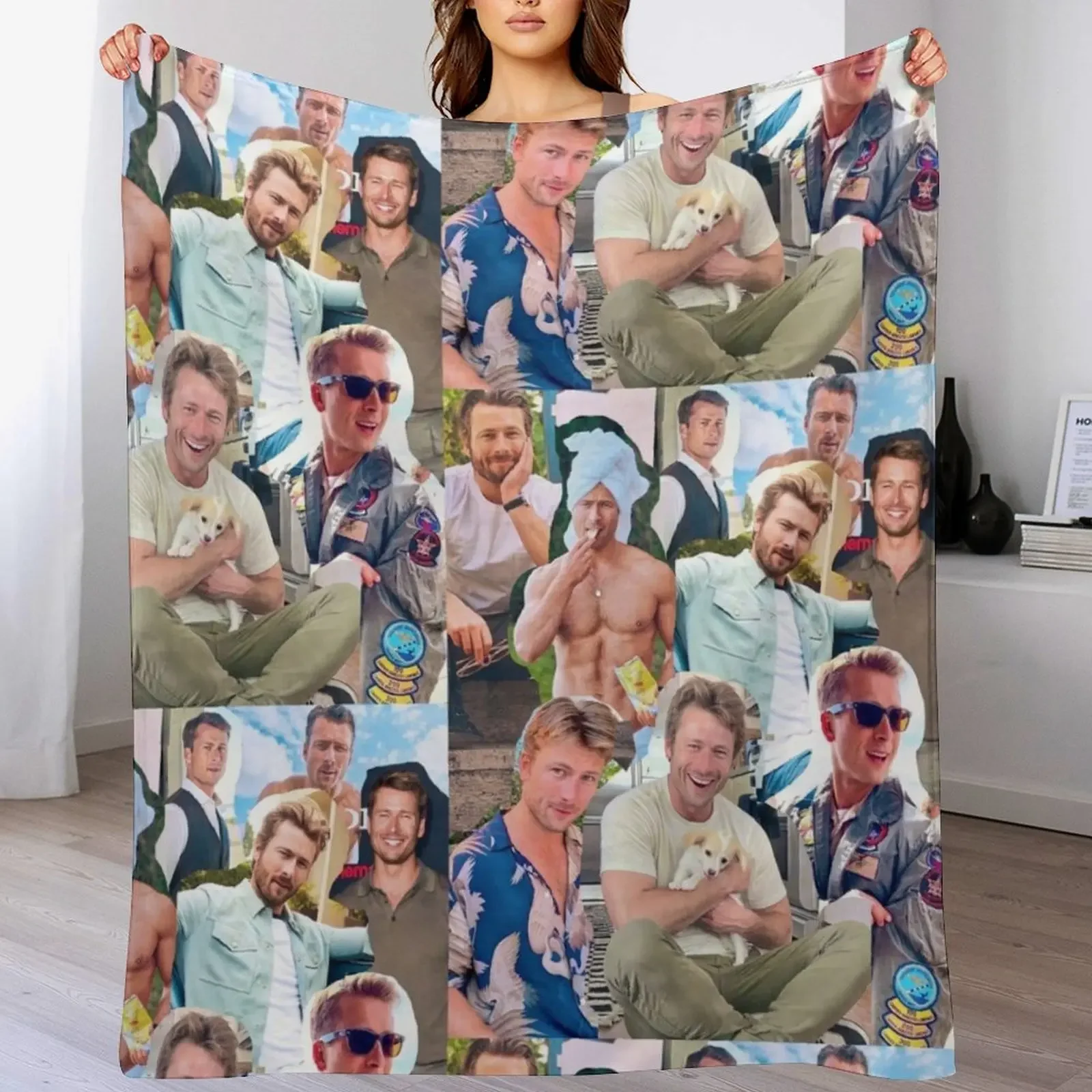

Glen Powell photo collage Throw Blanket Soft Hair Weighted Picnic Blankets