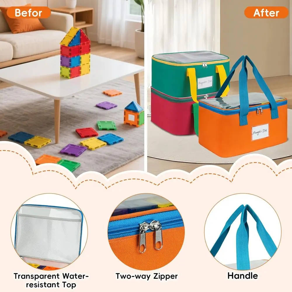 حقائب كبيرة لتنظيم البلاط المغناطيسي مع جيوب شبكية وعلامات للألعاب والألعاب وLEGO