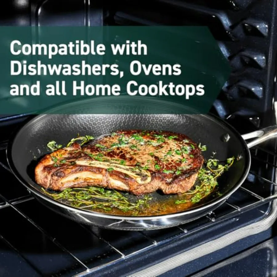 طقم مقلاة هجينة غير لاصقة مكونة من 6 قطع، ومقالي مقاس 8 و10 و12 بوصة مع أغطية من الزجاج المقسى، ومقابض تبقى باردة، وقلي غسالة الأطباق