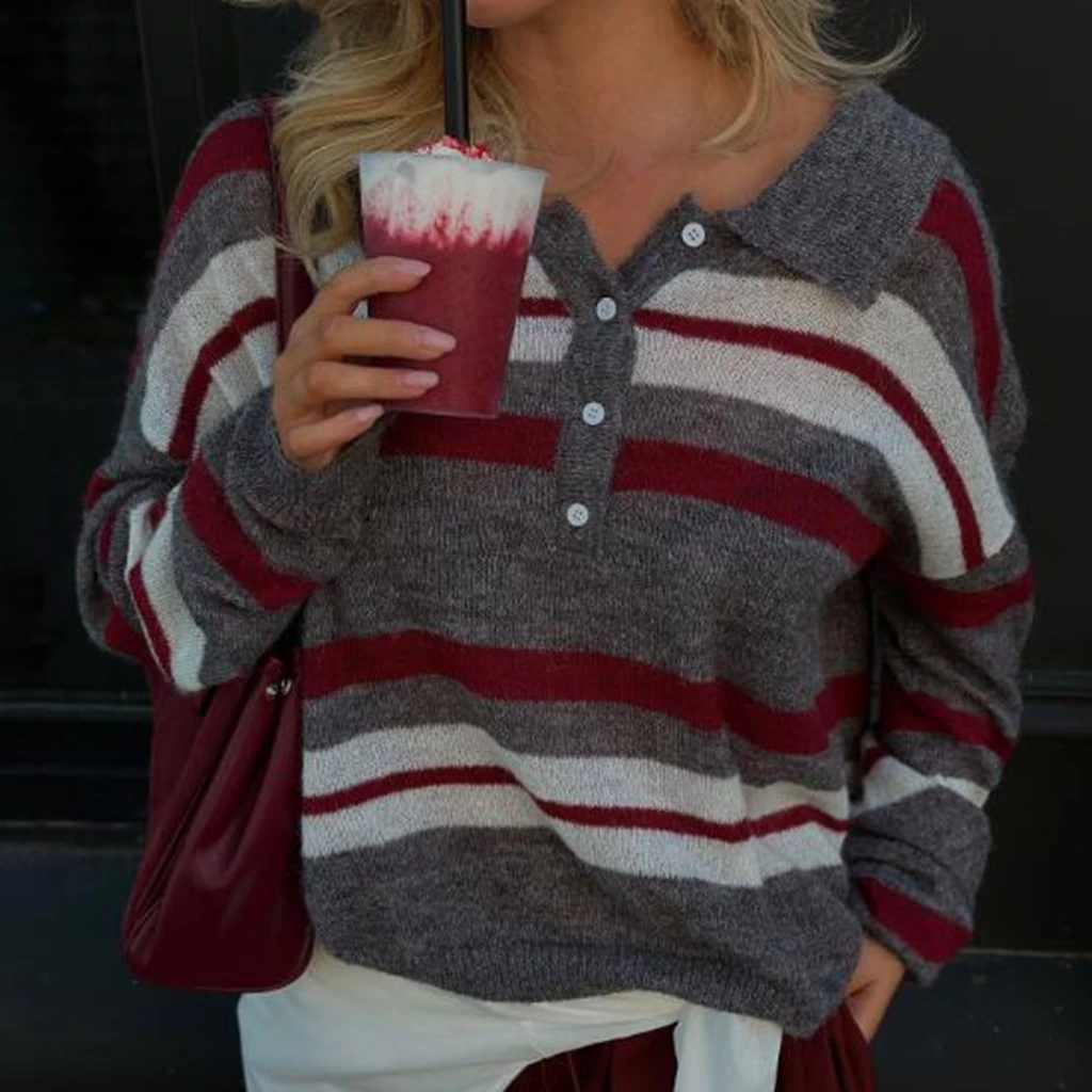 Damski sweter z dzianiny z długim rękawem, kołnierzykiem i zapinaniem na guziki, retro, jesienny, patchworkowy, w paski.