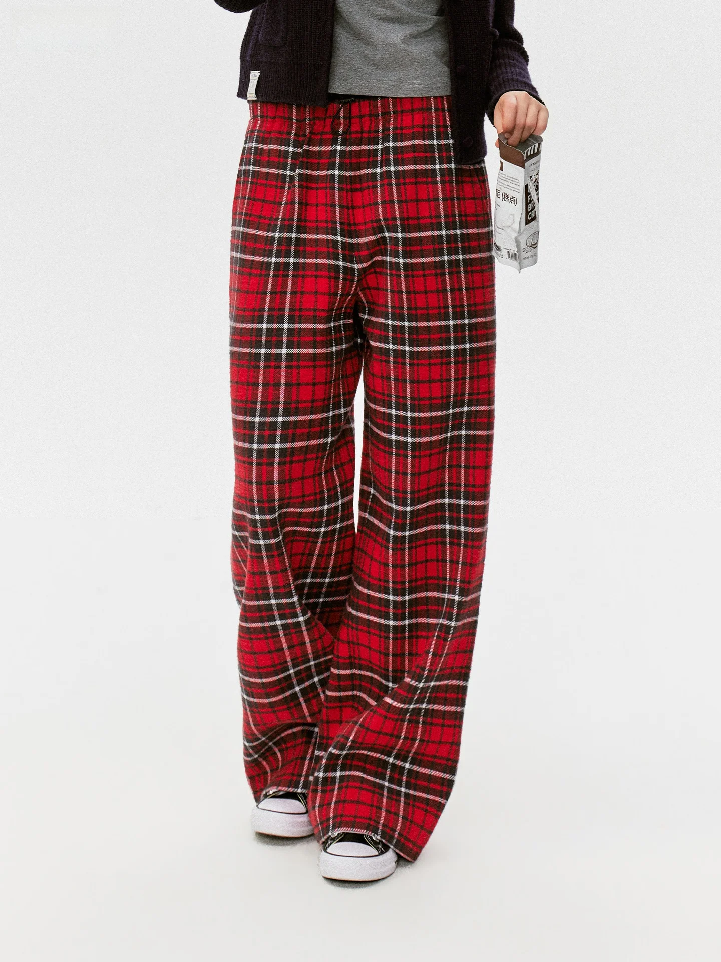 

Ahhh Retro Classic High Waist Wide Leg Casual Pants American Color Block Plaid Lazy Straight Cut Long Trousers for Women