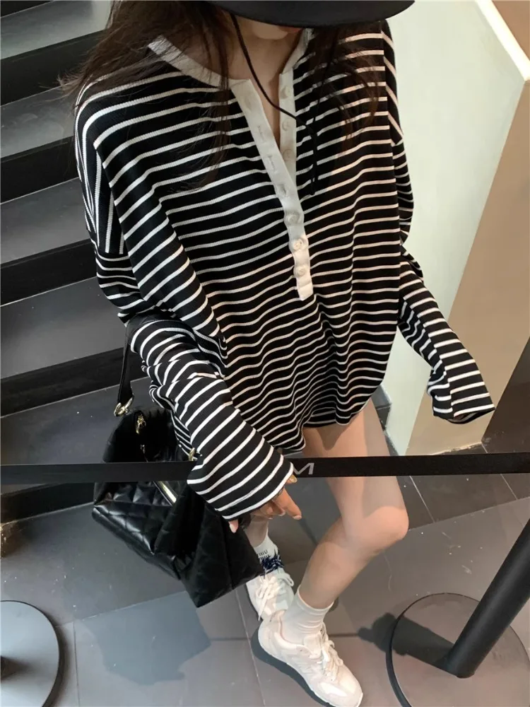 ADAgirl Harajuku Stripe Print Long Sleeve Oversized T-shirts for Women Casual Sweatpants Shorts Two Piece Set Summer Autumn Sets
