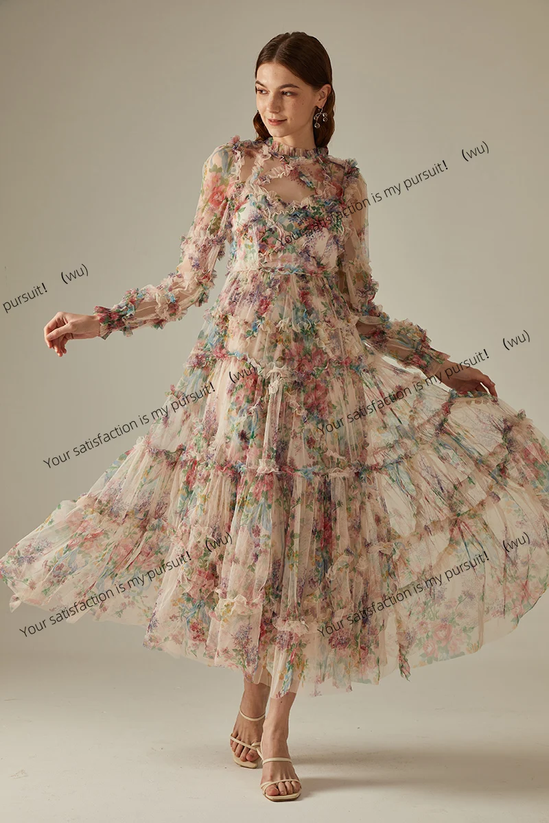 Sexy und elegantes Partykleid mit Blumenmuster aus Spitze, langes Faltenkleid für Damen, Hochzeitskleid