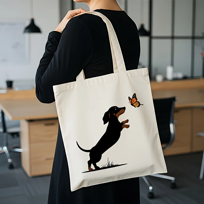 Reusable Animal Pattern Canvas Tote Bag - Large Capacity Shoulder Bag for Shopping, Daily Use, Outdoor Travel, Leisure - Perfect Gift for Dachshund Lovers