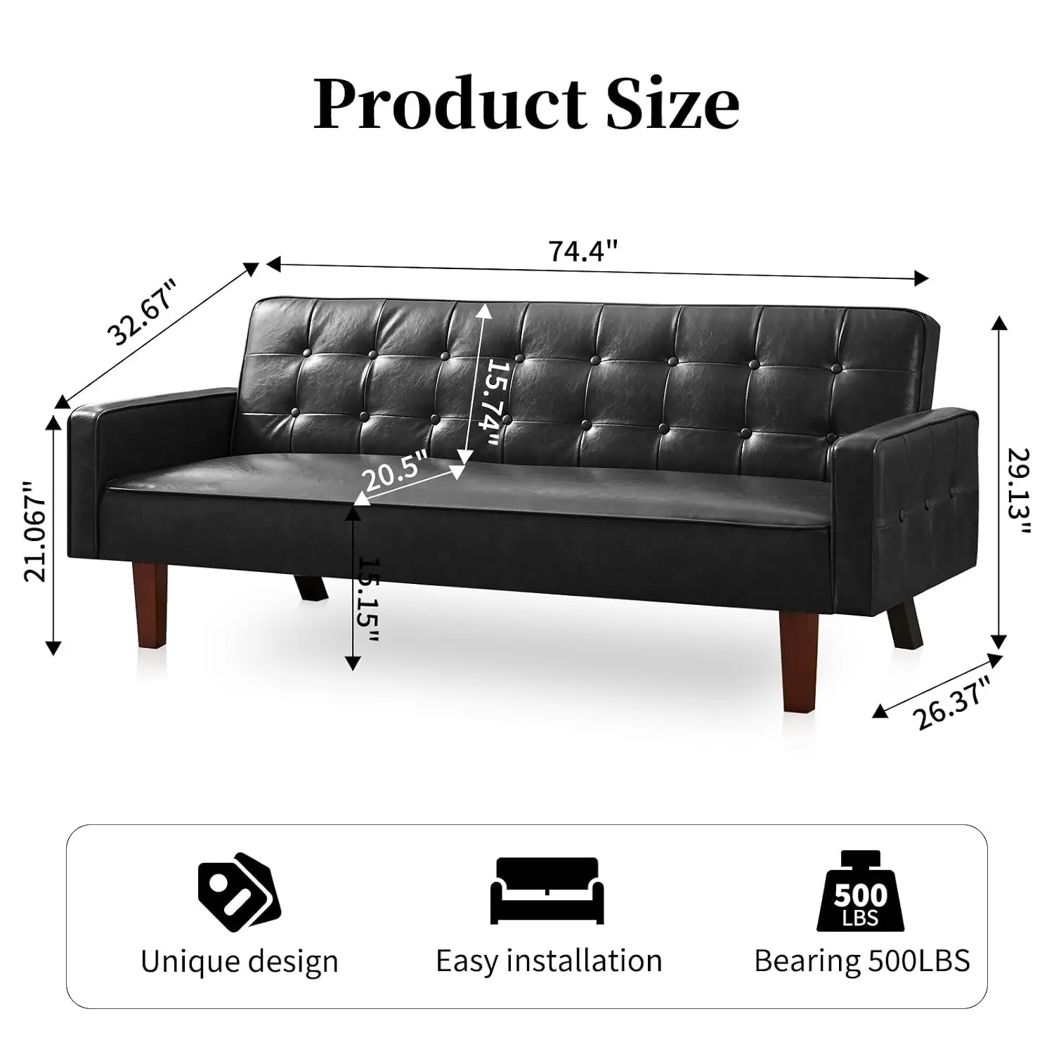 Faux Leather Couch, Mid Century Modern Sofa with Memory Foam, Comfy 3 Seater Couch for Small Spaces, Living Room,, Custom