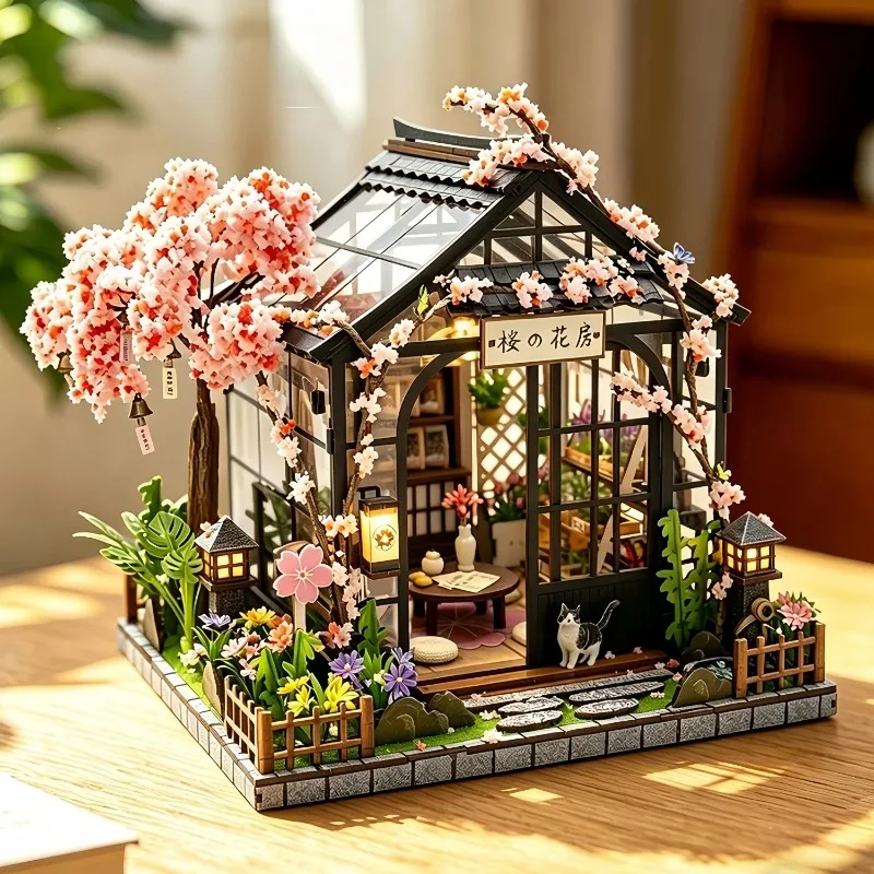 DIY Wooden Spring Sakura Greenhouse Cottage Miniature Dollhouse 3D Puzzle Assembly Model Kits for Adults Birthday Gifts Toys