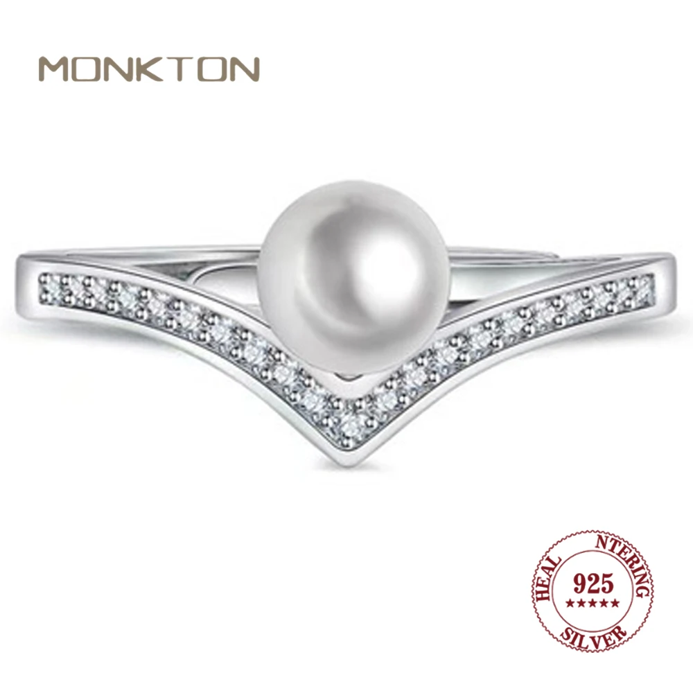 Monkton 100% 925 Sterling Silver V-shaped Pearl Wedding Rings for Women Charm Adjustable Zirconia Rings Fine Jewelry