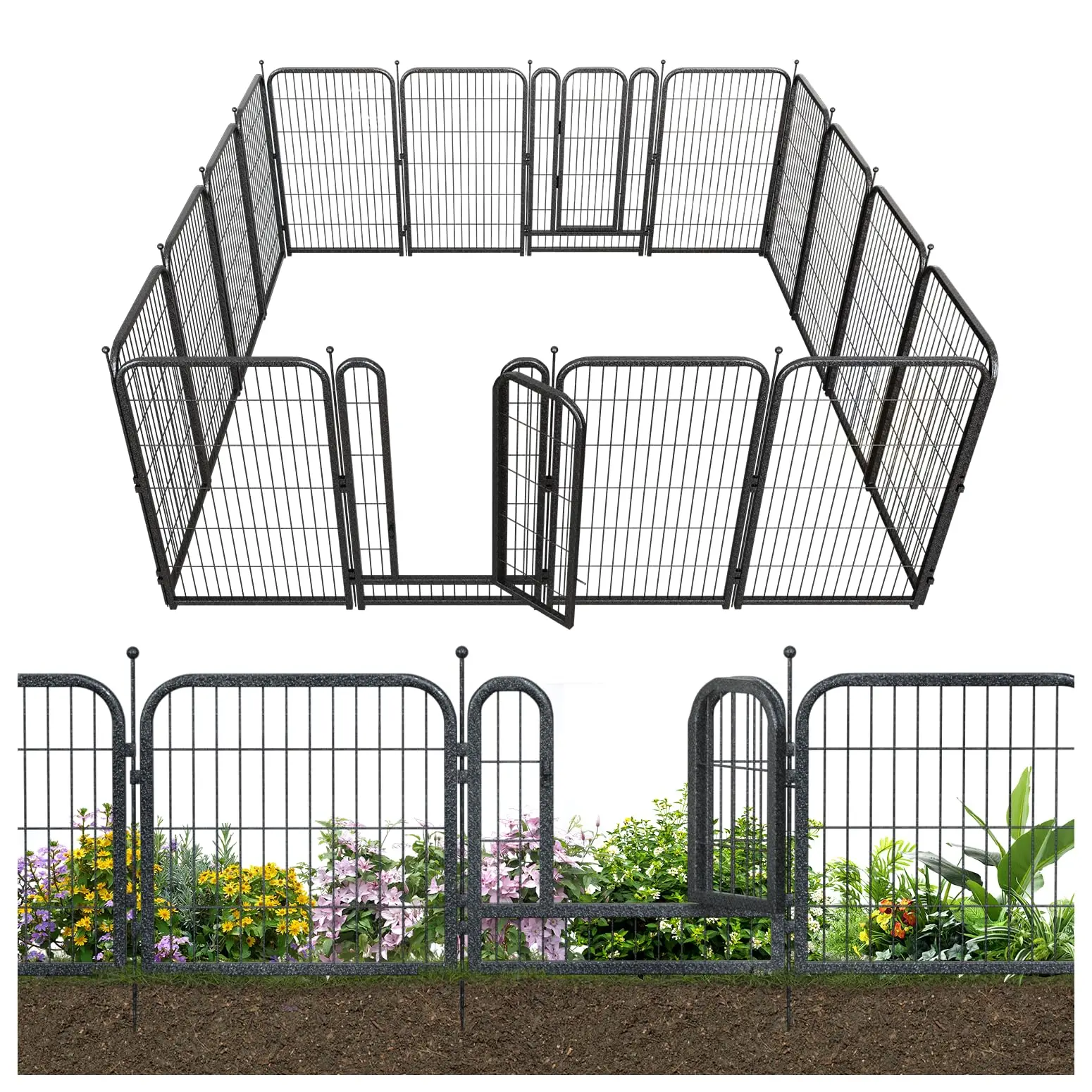 Decorative Garden Metal Fence 36ft (L)×45in (H) with 14 Panels 2 Gate Outdoor, No Dig Rustproof Wire, Animal Barrier