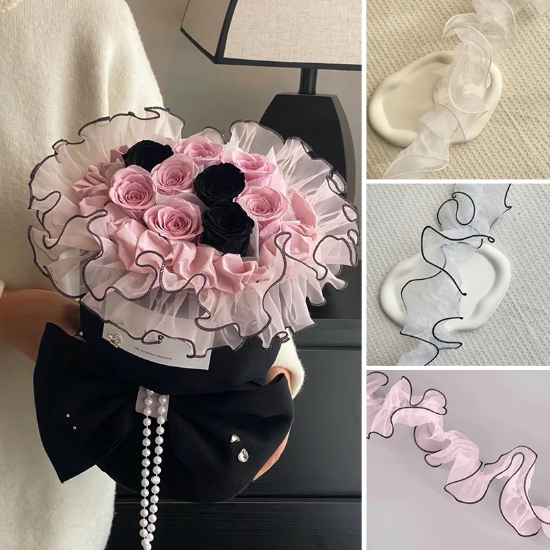 1M Organza Lace Ribbon Pleated Frilly Yarn Flower Gift Packaging Cloth Stripe Wave Ruffled Fishtail Edge Thin Gauze Ribbon 12CM