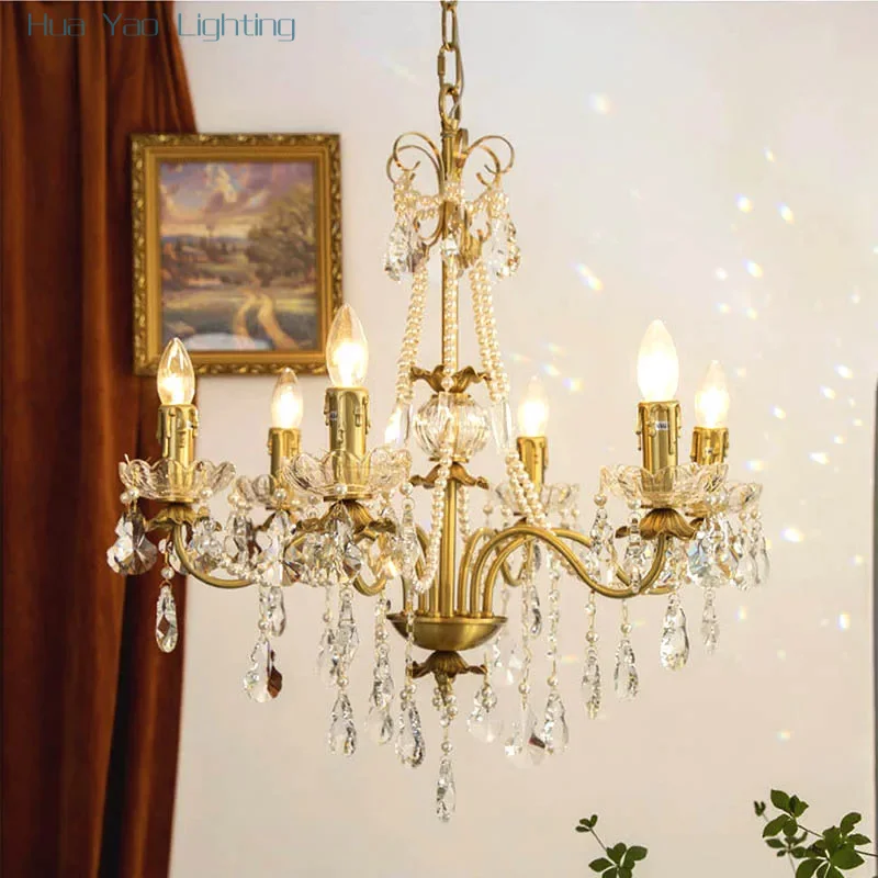 

Crystal Candle Chandeliers Brass Home LED Copper Ceiling Lighting Fixture Long Classical Hanging Lamps for Living Room Lustres