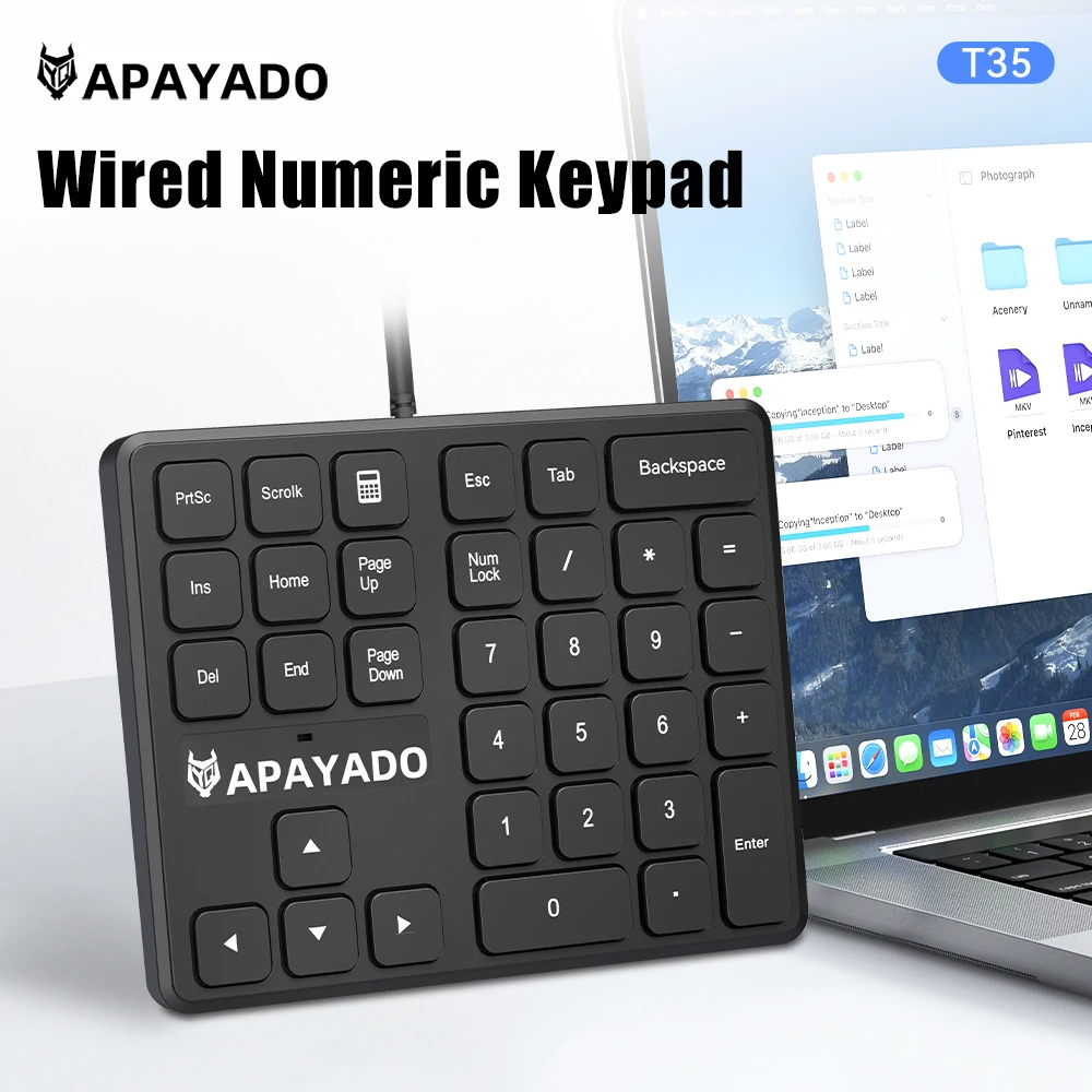APAYADO T35 Wired Number Pad 34 Keys USB Connection 1.5M Detachable Cable For Office Accounting 14912221MM Mini Size